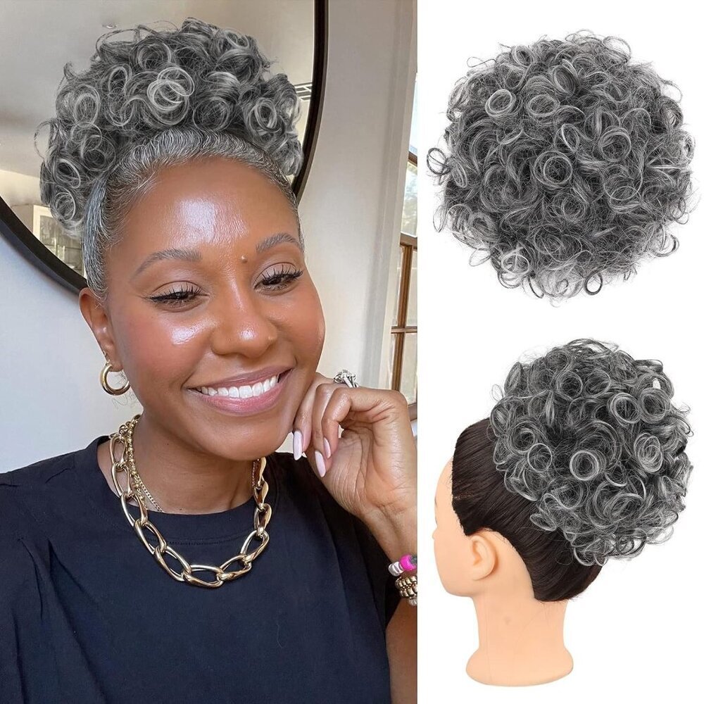 Curly Grey Hair Bun Clip in Synthetic Hair Extensions for Women Stylish